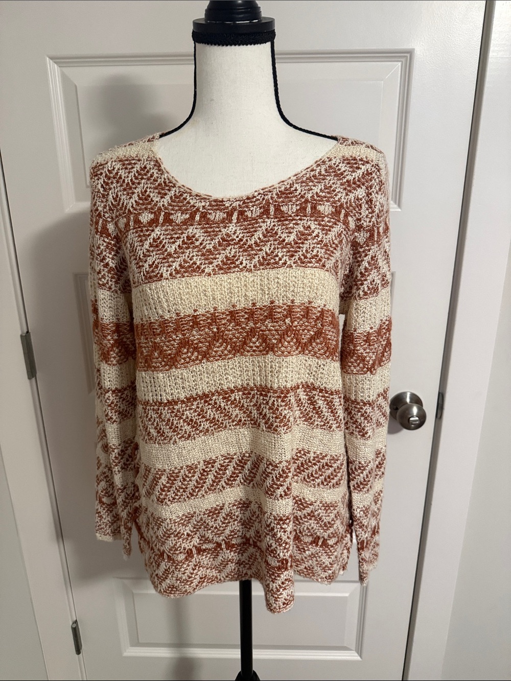 Knox Rose| Cozy Striped Knit Sweater - Cream & Rust with Tie Detail on Sides